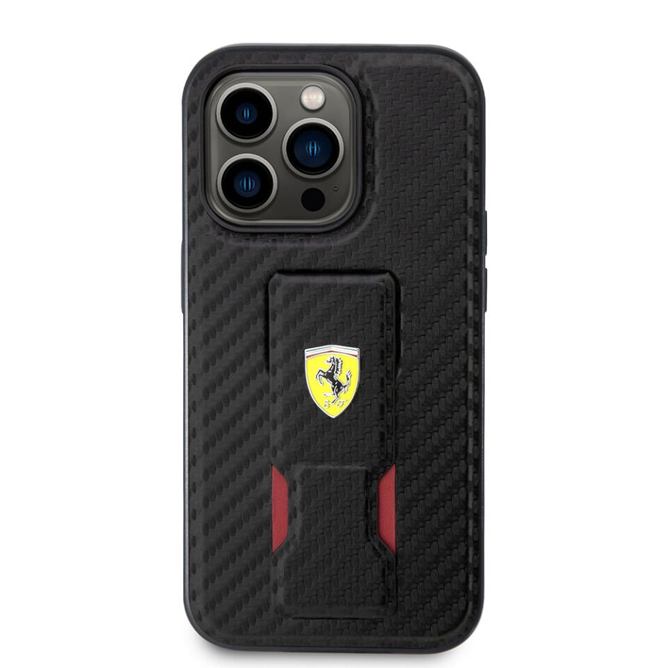 Apple iPhone 14 Pro Kılıf Ferrari Orjinal Lisanlı Klasik Metal Logolu Delikli Standlı Karbon Kapak