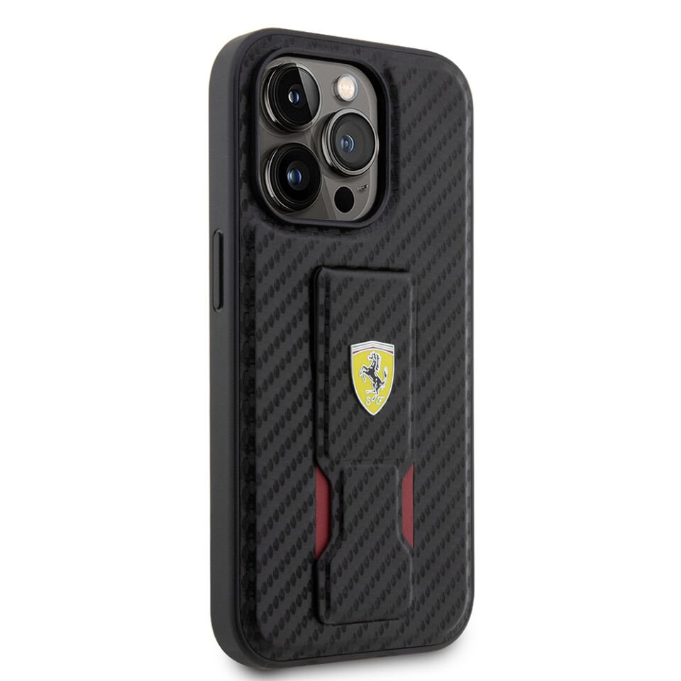 Apple iPhone 14 Pro Kılıf Ferrari Orjinal Lisanlı Klasik Metal Logolu Delikli Standlı Karbon Kapak