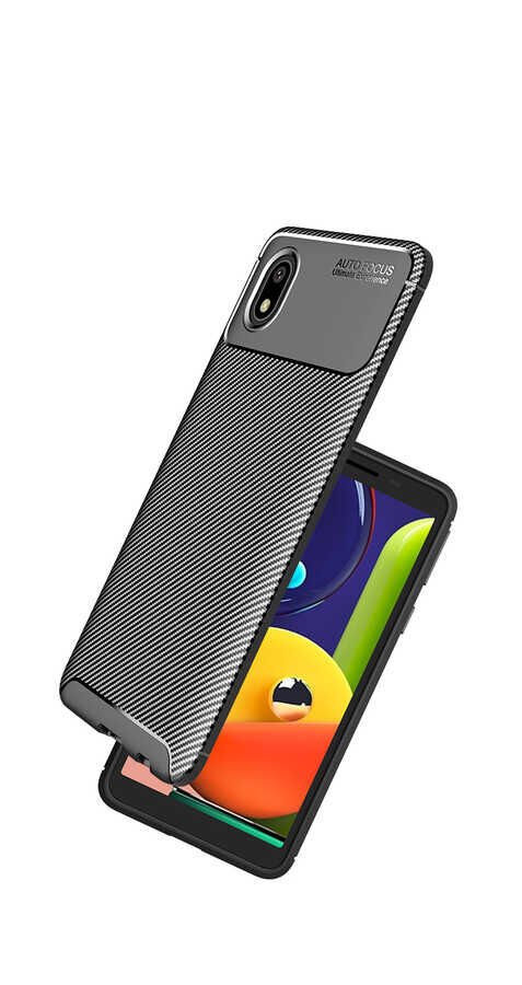 Samsung Galaxy A01 Core Kılıf Kamera Çıkıntılı Karbon Fiber Dokulu Renk Atmaz Kapak (NEGRO) Lacivert