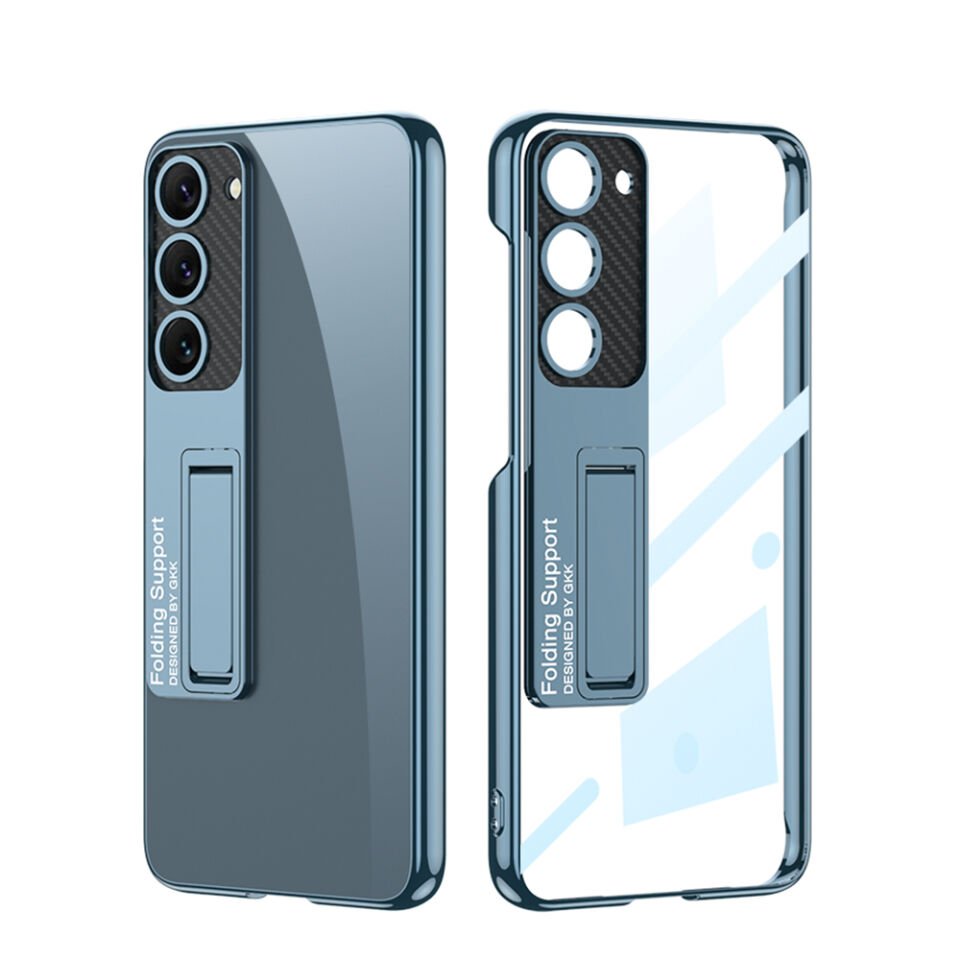 Samsung Galaxy S23 Plus Kılıf Kamera Korumalı Şeffaf Tasarımlı Standlı Kapak (Lego) Gümüş