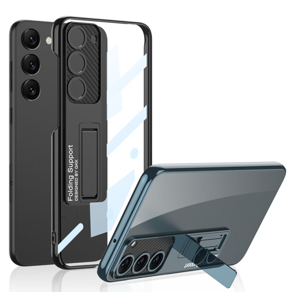 Samsung Galaxy S23 Plus Kılıf Kamera Korumalı Şeffaf Tasarımlı Standlı Kapak (Lego) Gümüş