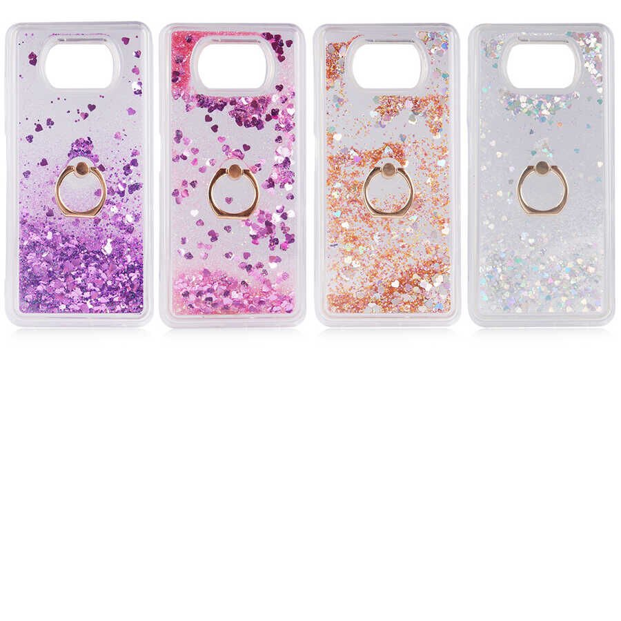 Xiaomi Poco X3 Kılıf Sıvılı Akışkanlı Desenli Simli Yüzüklü Silikon Kapak (MİLCE) Gold