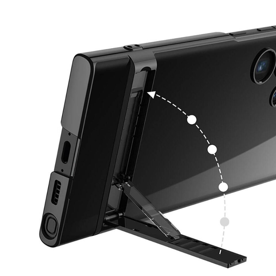 Samsung Galaxy S24 Ultra Kılıf Kamera Korumalı Şeffaf Dikey Standlı Kapak (dik ays) Siyah