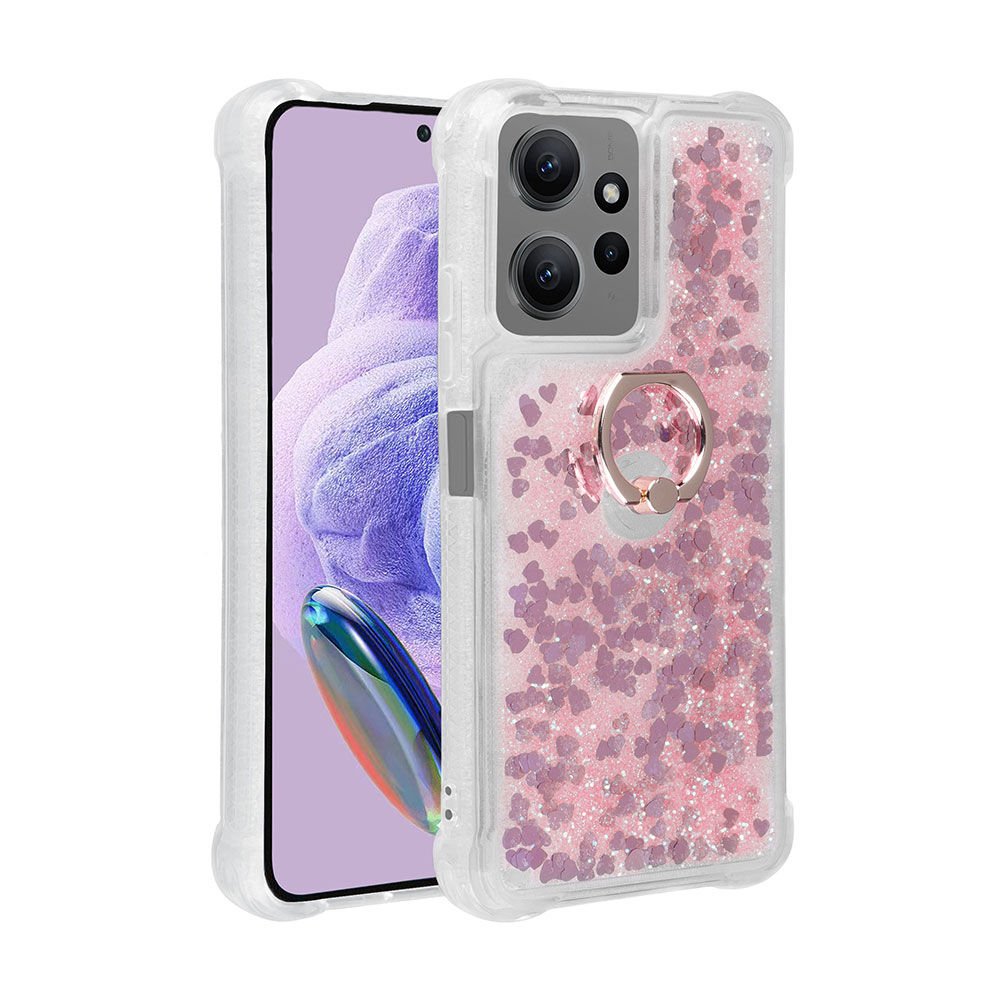 Xiaomi Redmi Note 12 Pro 4G Kılıf Sıvılı Akışkanlı Desenli Simli Yüzüklü Silikon Kapak (MİLCE) Pembe