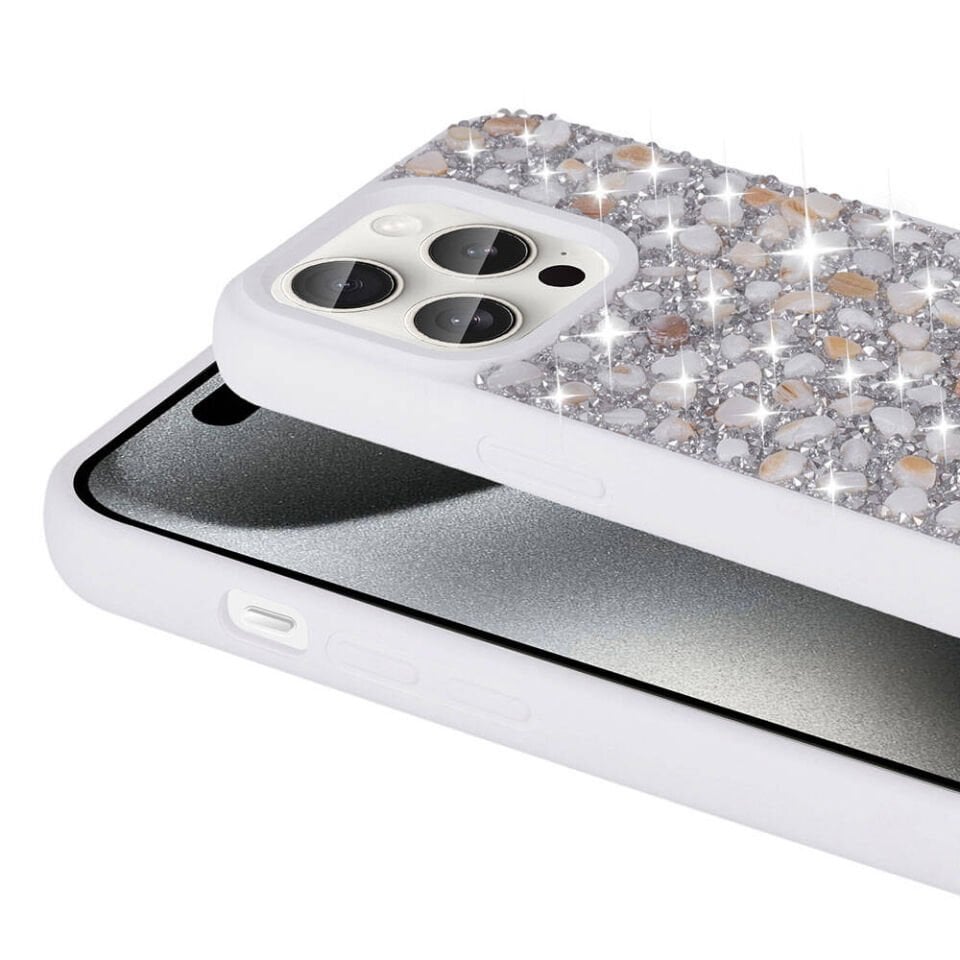 Apple iPhone 15 Pro Kılıf Kamera Çıkıntılı Parlak Taşlı Tasarım Renkli Koruyucu Kapak (LİNEA) Beyaz