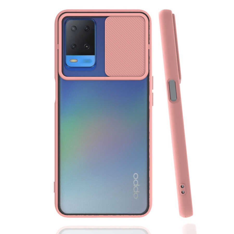 Oppo A54 4G Kılıf Slayt Sürgülü Kamera Korumalı Renkli Silikon Kapak Pembe Açık