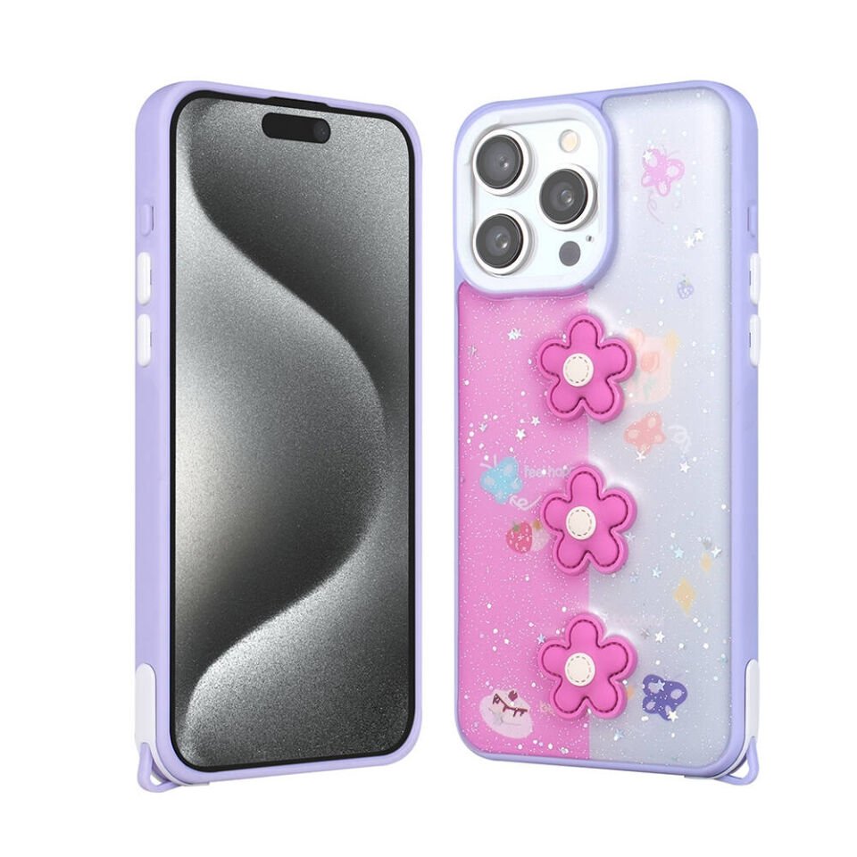 Apple  iPhone 15 Pro Max Kılıf Parlayan Sıvılı Simli Kabartma Figürlü Kapak (Cevze) Mor Papatya