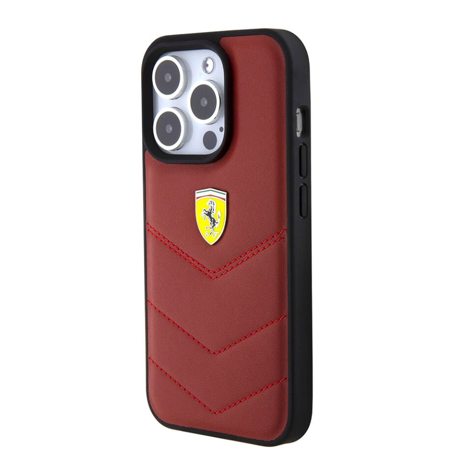 Apple iPhone 15 Pro Kılıf Ferrari Orjinal Lisanslı Deri Dikişli Arka Yüzey Metal Logo Tasarımlı Kapak