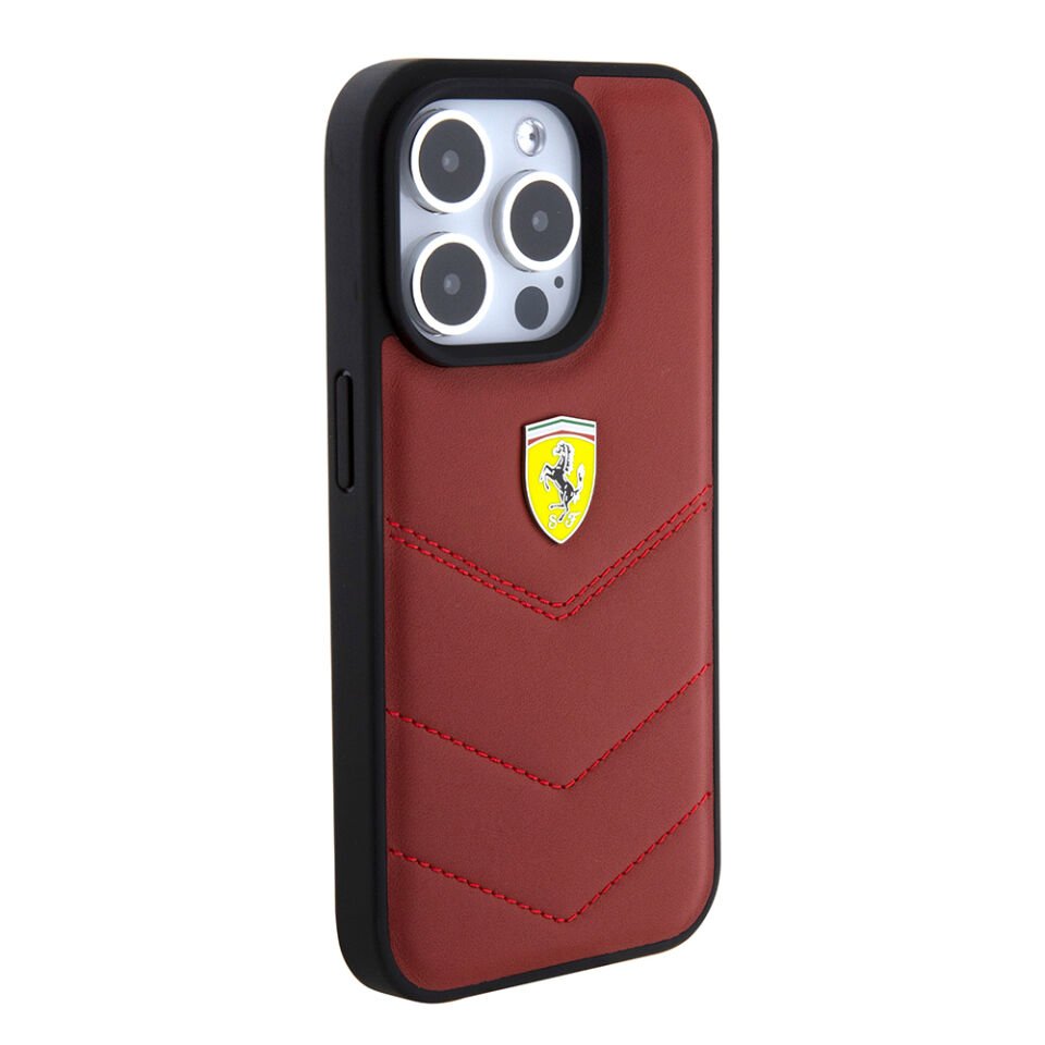 Apple iPhone 15 Pro Kılıf Ferrari Orjinal Lisanslı Deri Dikişli Arka Yüzey Metal Logo Tasarımlı Kapak