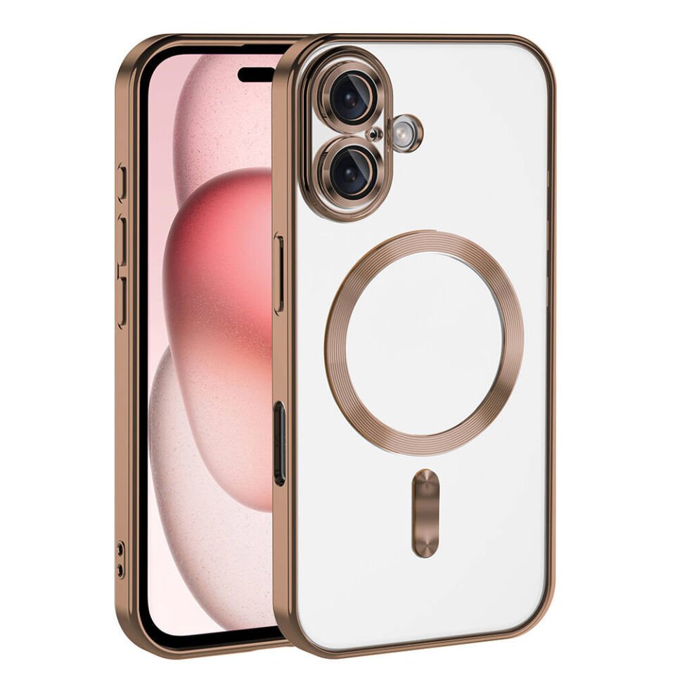 Apple iPhone 16 Plus Kılıf Kamera Lens Korumalı Magsafe Şarj Destekli Şeffaf Renkli Kapak (DEMRE) Bej Gold