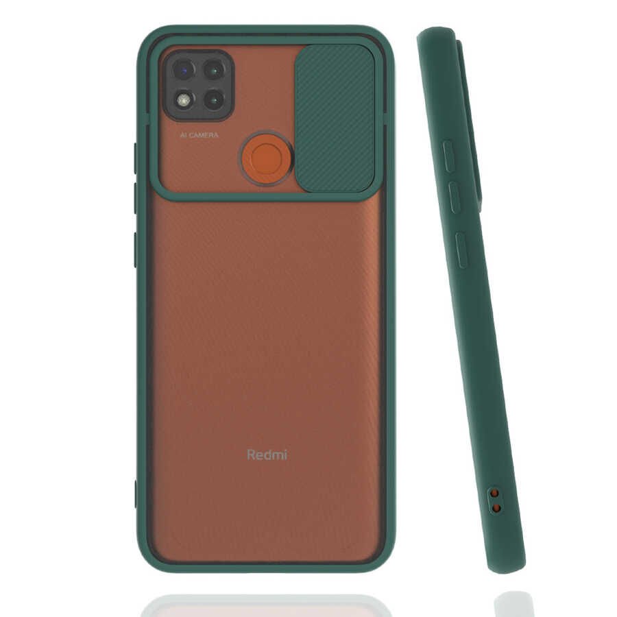 Xiaomi Redmi 9C Kılıf Slayt Sürgülü Kamera Korumalı Renkli Silikon Kapak Koyu Yeşil