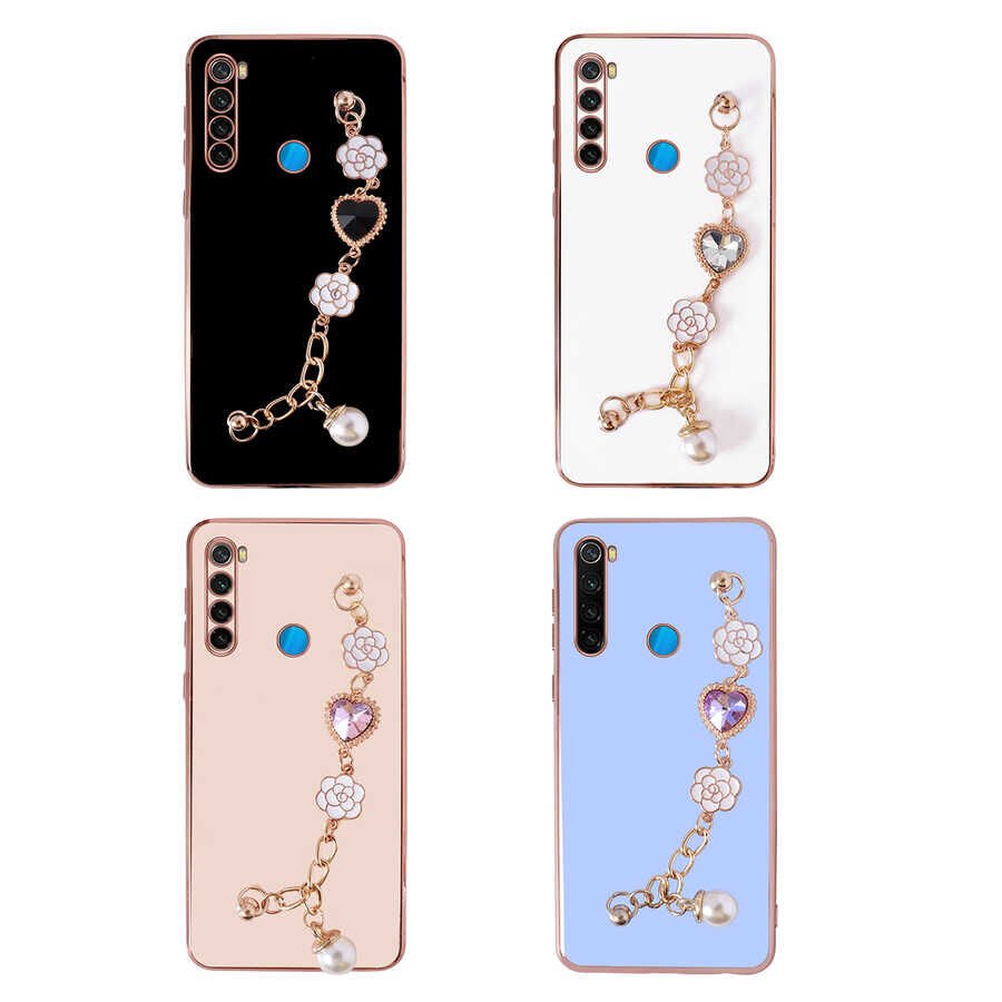 Xiaomi Redmi Note 8 Kılıf Çiçek Desenli Askılı Tutamaçlı Kamera Korumalı Kapak (TAKA) Beyaz