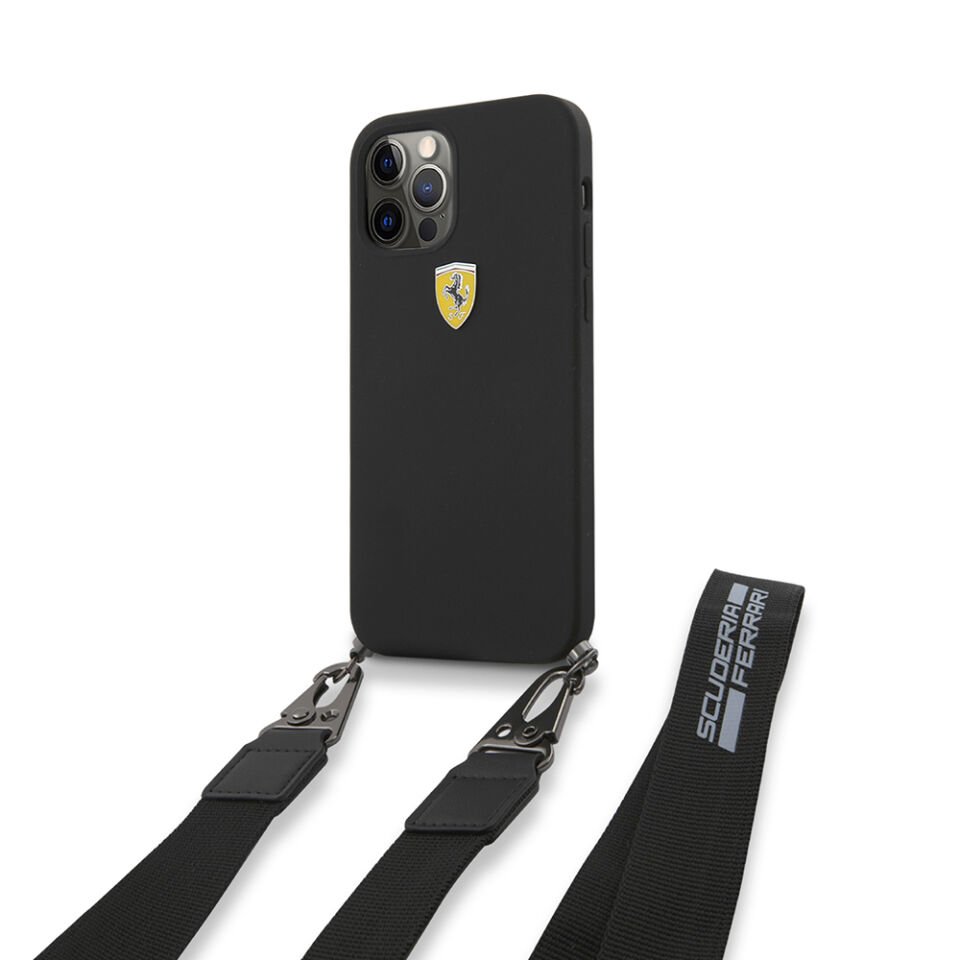 Apple iPhone 12 Pro Max Kılıf Ferrari Orjinal Lisanslı Askılı Metal Logolu Kapak