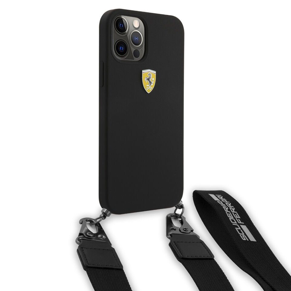 Apple iPhone 12 Pro Max Kılıf Ferrari Orjinal Lisanslı Askılı Metal Logolu Kapak