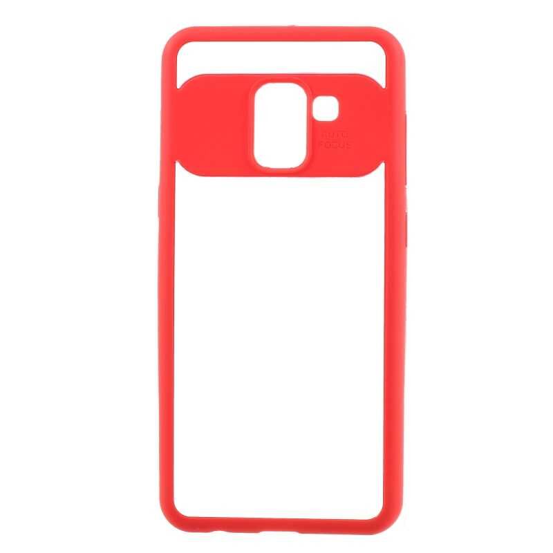Samsung Galaxy A8 Plus 2018 Kılıf Kenarları Silikon Arkası Şeffaf Sert Kapak (BUTTOM) Kırmızı