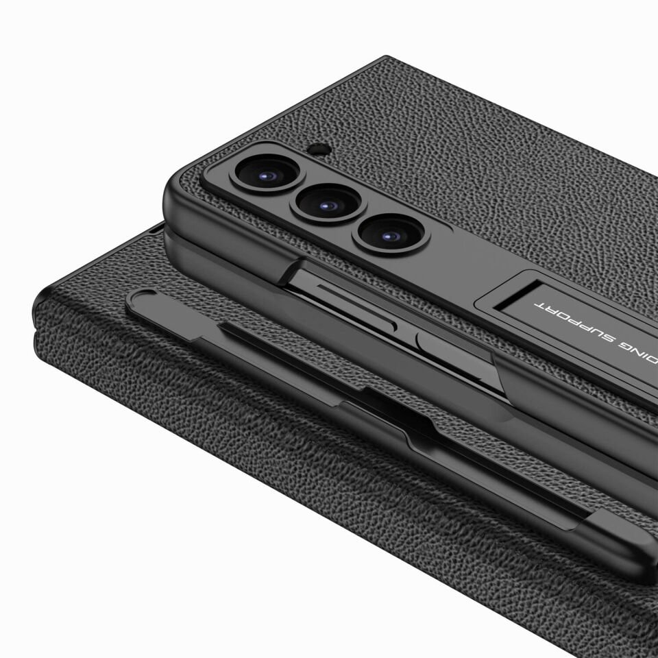 Samsung Galaxy Z Fold 5 Kılıf Pu Deri Tasarımlı Parmak İzi Bırakmayan Kalem Bölmeli Kılıf (Droga) Siyah