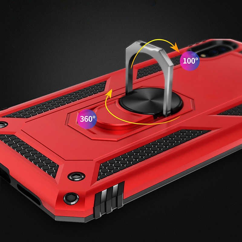 Huawei Y7 Prime 2019 Kılıf Tank Zırh Yüzüklü Mıknatıslı Standlı Kapak (VEGA) Kırmızı