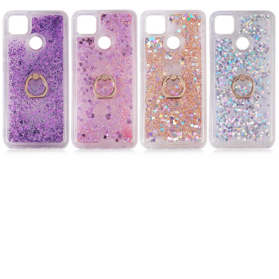 Xiaomi Redmi 9C Kılıf Sıvılı Akışkanlı Desenli Simli Yüzüklü Silikon Kapak (MİLCE) Gold