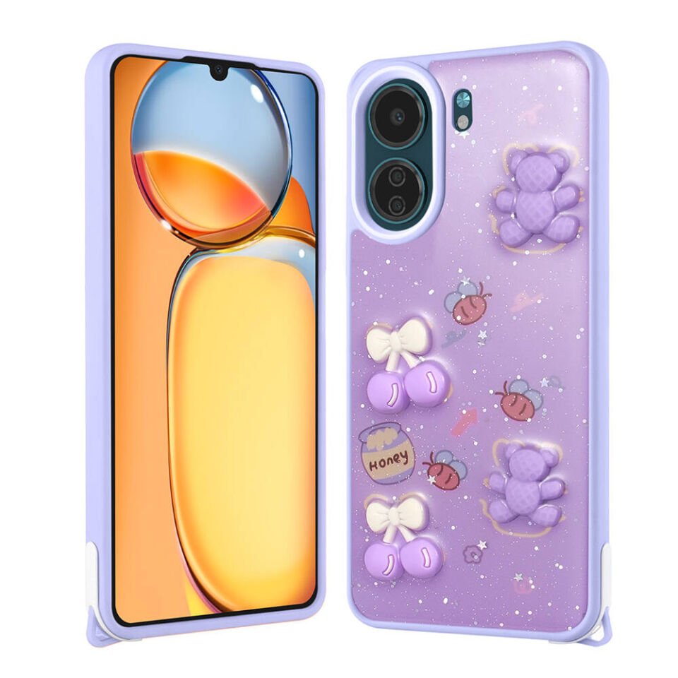Xiaomi Poco C65 Kılıf Parlayan Sıvılı Simli Kabartma Figürlü Kapak (Cevze) Mor Ayı
