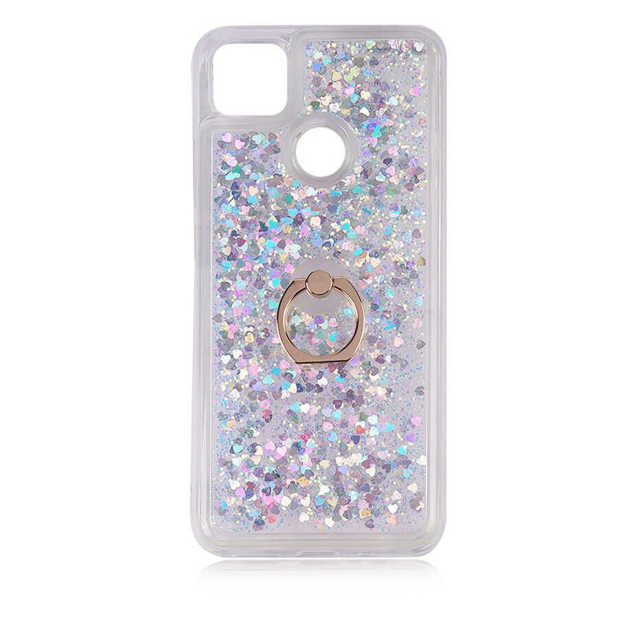 Xiaomi Redmi 9C Kılıf Sıvılı Akışkanlı Desenli Simli Yüzüklü Silikon Kapak (MİLCE) Gümüş