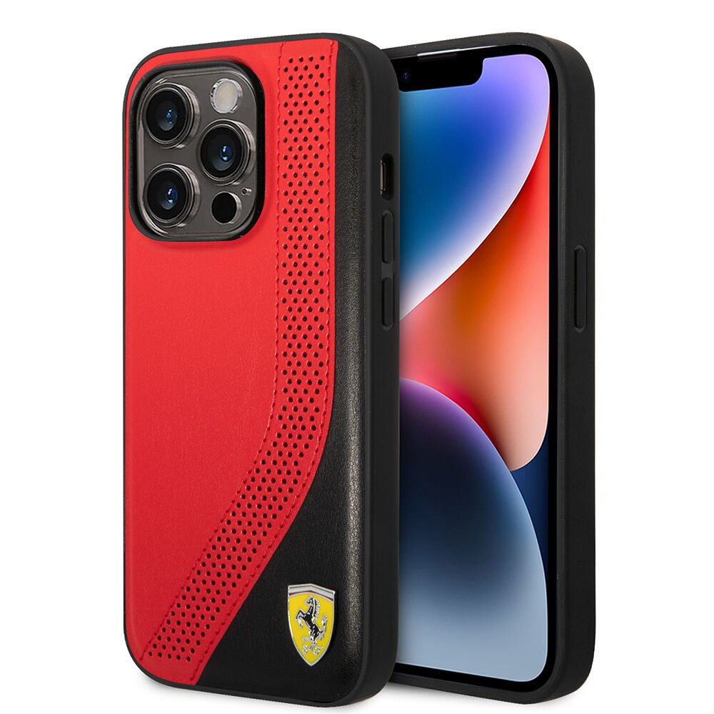 Apple iPhone 14 Pro Max Kılıf Ferrari Orjinal Lisanslı Metal Logolu Deri Delikli Dikişli Dizayn Kapak