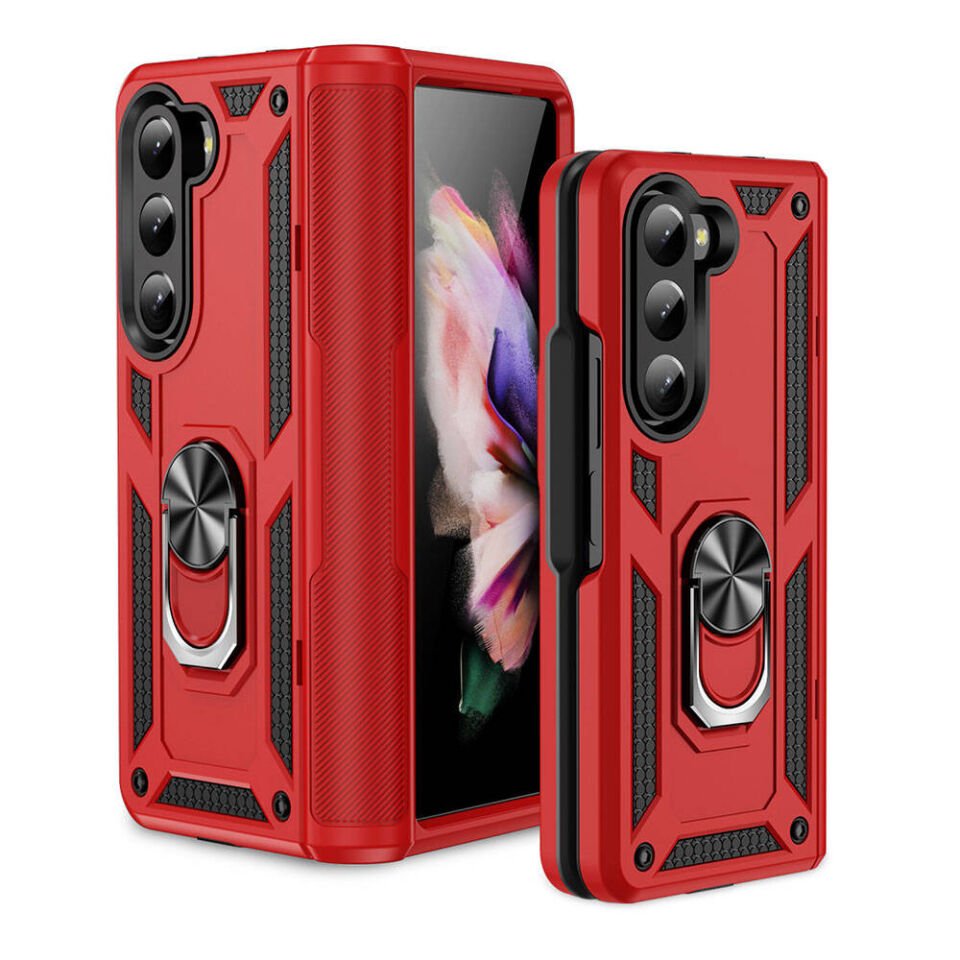 Samsung Galaxy Z Fold 5 Kılıf Tank Zırh Yüzüklü Mıknatıslı Standlı Kapak (VEGA) Siyah