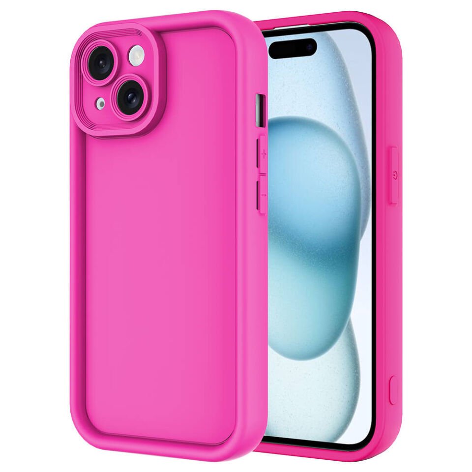 Apple  iPhone 15 Kılıf Mat Yüzeyli Kamera Korumalı Silikon Kapak (Ananas) Pembe Koyu