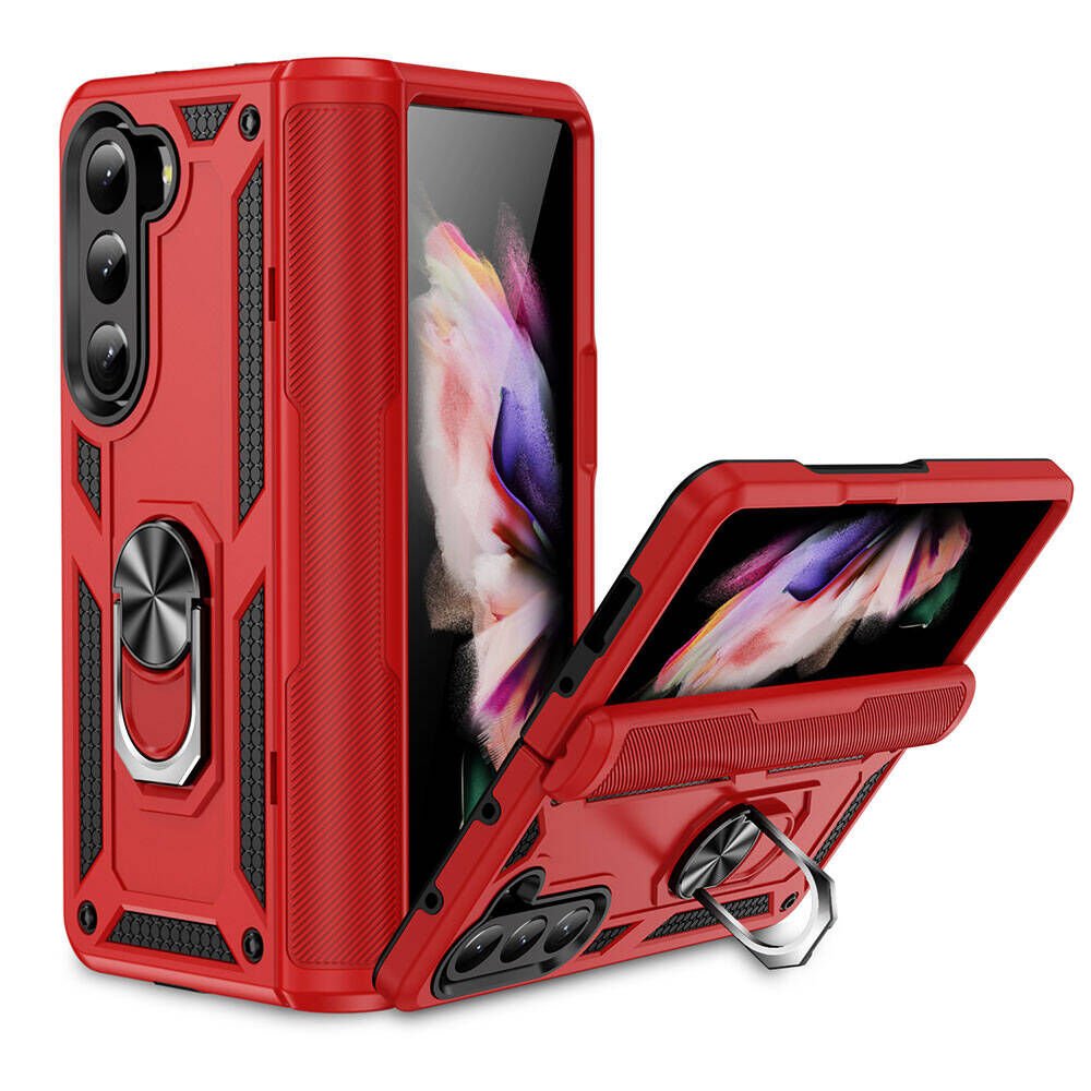 Samsung Galaxy Z Fold 5 Kılıf Tank Zırh Yüzüklü Mıknatıslı Standlı Kapak (VEGA) Kırmızı