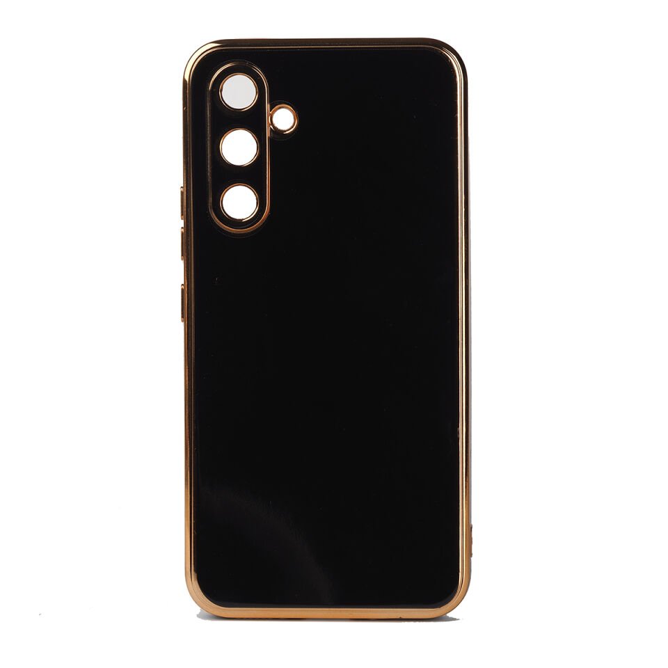 Samsung Galaxy M14 Kılıf Parlak Kenarlı Altın Işlemeli Kamera Korumalı Kapak (BARK) Siyah