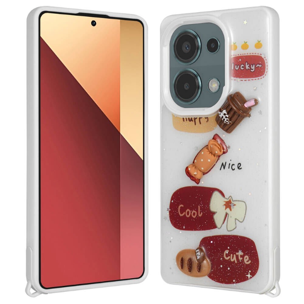 Xiaomi Redmi Note 13 Pro 4G Kılıf Parlayan Sıvılı Simli Kabartma Figürlü Kapak (Cevze) Beyaz