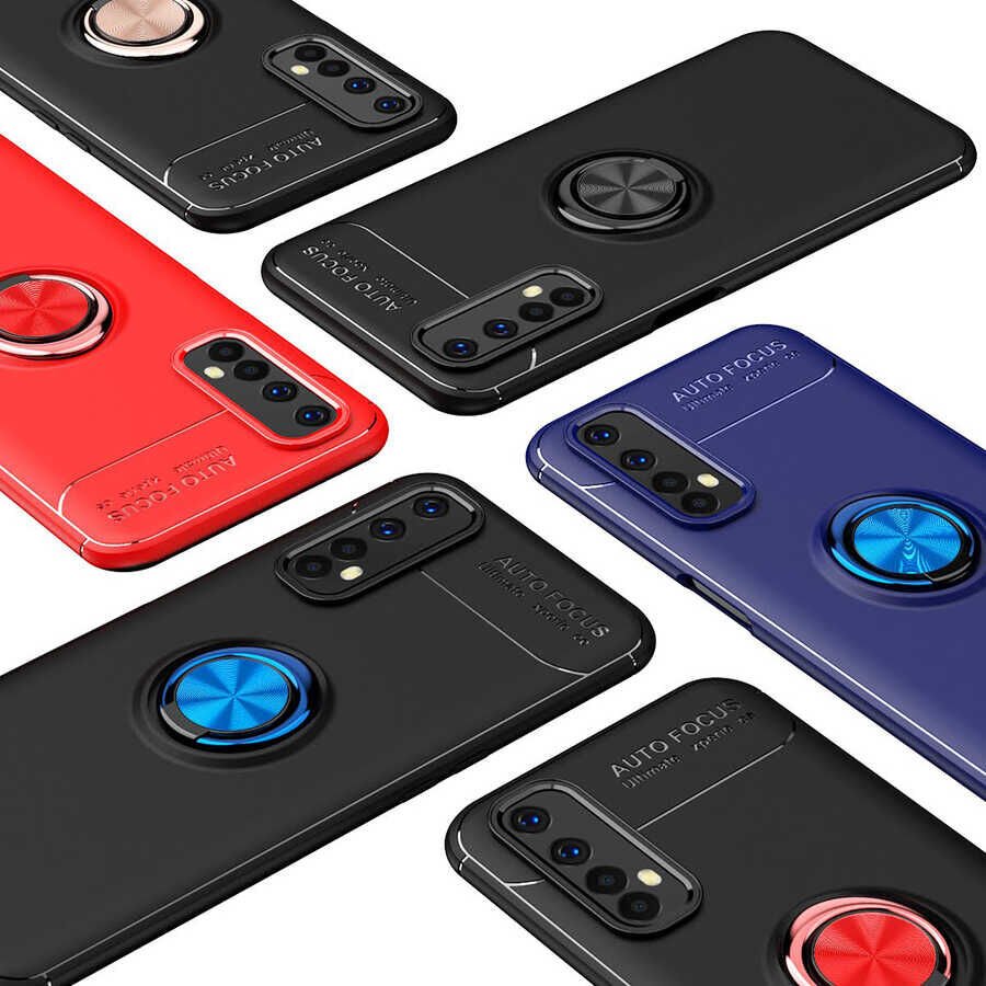Realme 7 Kılıf Kamera Çıkıntılı Renkli Yüzüklü Standlı Mıknatıslı Kapak (RAVEL) Mavi