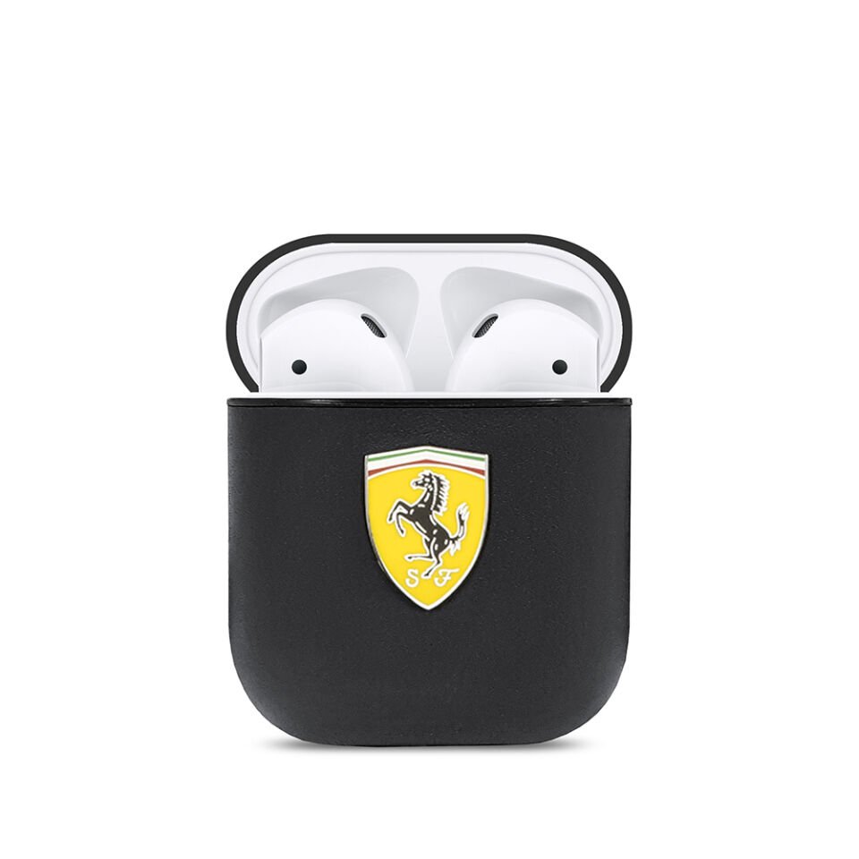 Apple Airpods Kılıf Ferrari Orjinal Lisanslı PU Deri Metal Logolu SF Arka Yüzey Yazılı Kapak
