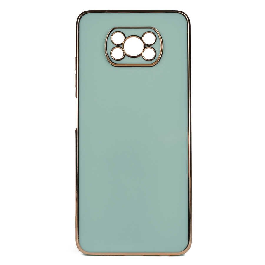 Xiaomi Poco X3 Kılıf Parlak Kenarlı Altın Işlemeli Kamera Korumalı Kapak (BARK) Beyaz