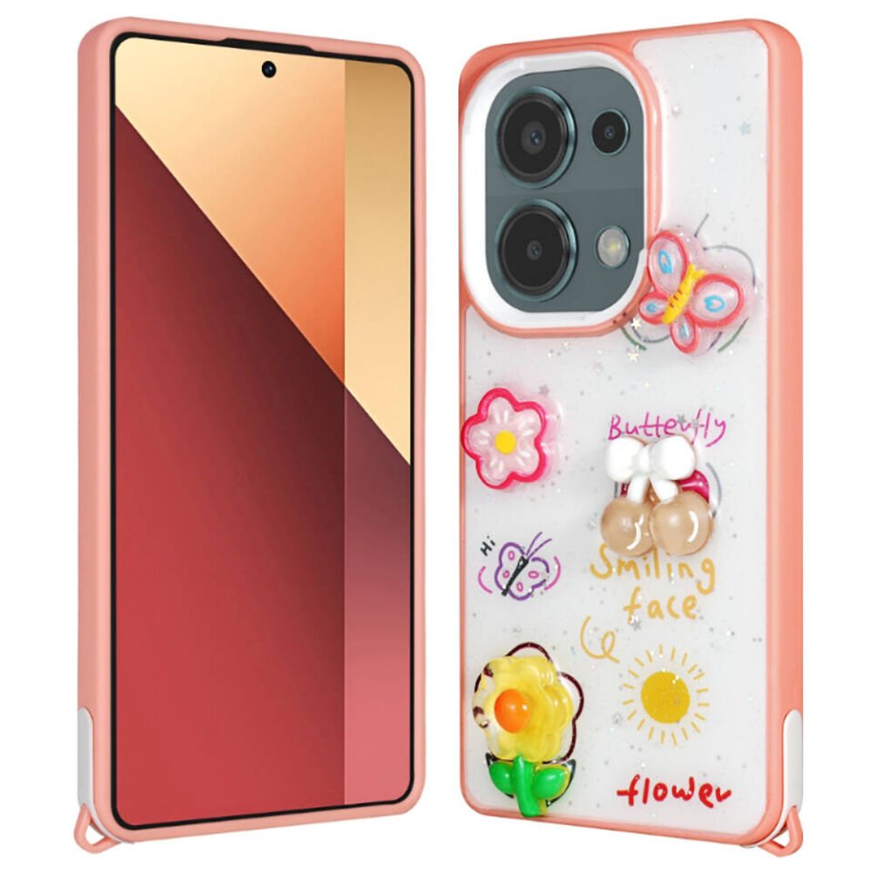 Xiaomi Redmi Note 13 Pro 4G Kılıf Parlayan Sıvılı Simli Kabartma Figürlü Kapak (Cevze) Pembe