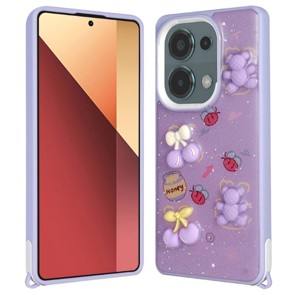 Xiaomi Redmi Note 13 Pro 4G Kılıf Parlayan Sıvılı Simli Kabartma Figürlü Kapak (Cevze) Mor Ayı
