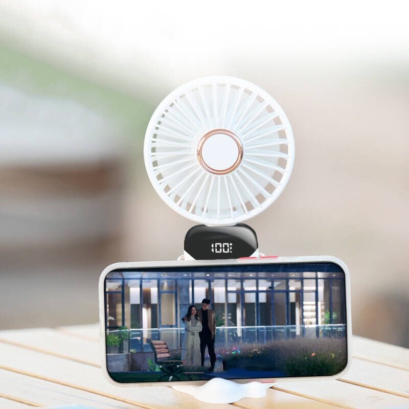 Dijital LED Göstergeli Katlanabilir Askılıklı Portatif Mini Vantilatör Soğutucu El Fanı (N15) Beyaz