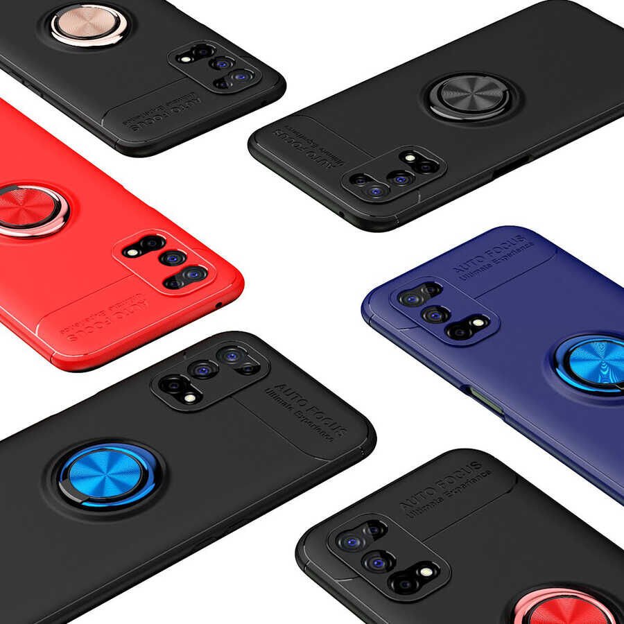 Realme 7 Pro Kılıf Kamera Çıkıntılı Renkli Yüzüklü Standlı Mıknatıslı Kapak (RAVEL) Siyah