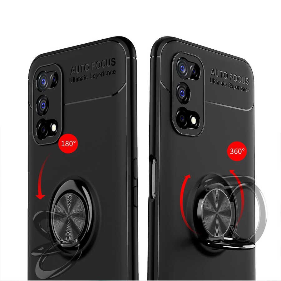 Realme 7 Pro Kılıf Kamera Çıkıntılı Renkli Yüzüklü Standlı Mıknatıslı Kapak (RAVEL) Siyah