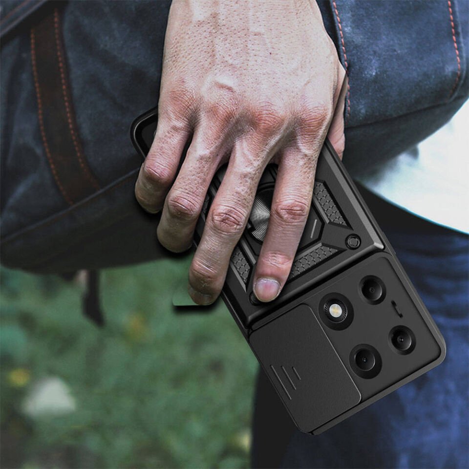 Xiaomi Redmi Note 13 Pro 4G Kılıf Tank Zırh Yüzüklü Mıknatıslı Standlı Kapak (VEGA) Siyah