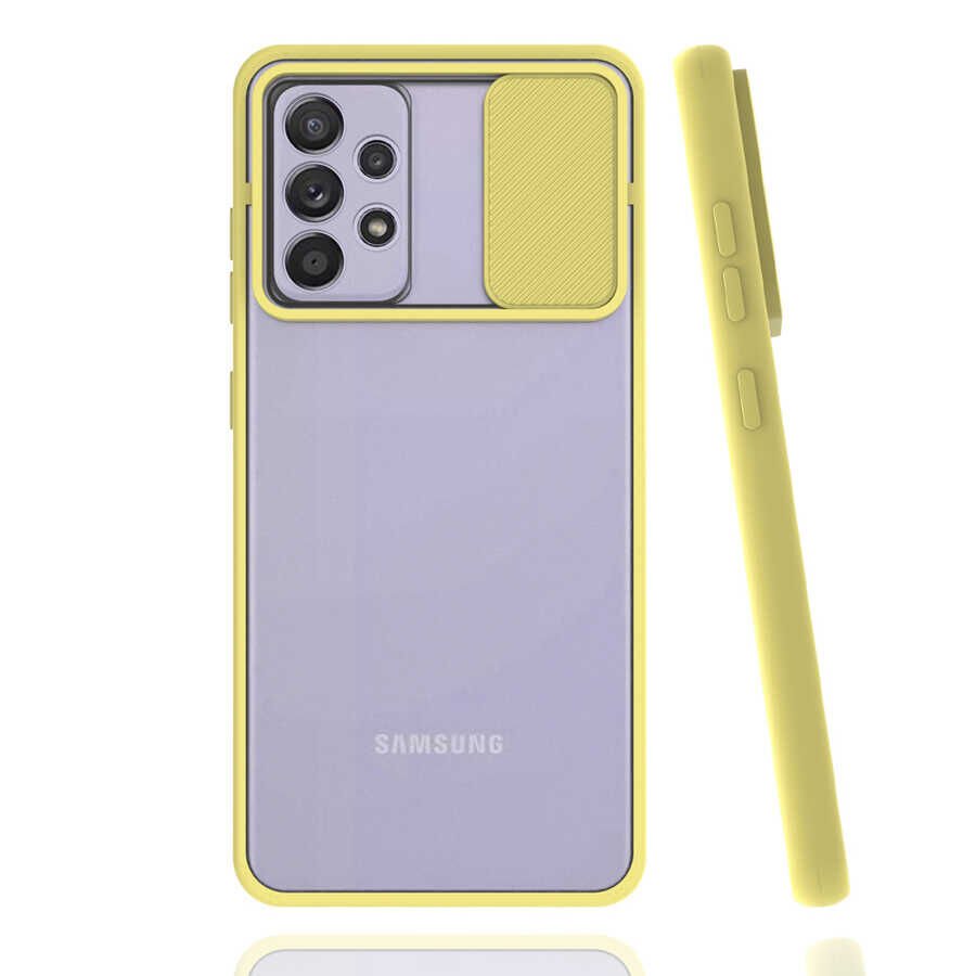 Samsung Galaxy A72 Kılıf Slayt Sürgülü Kamera Korumalı Renkli Silikon Kapak Sarı