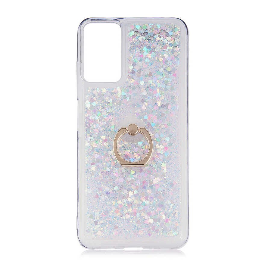 Xiaomi Poco M3 Pro Kılıf Sıvılı Akışkanlı Desenli Simli Yüzüklü Silikon Kapak (MİLCE) Mor