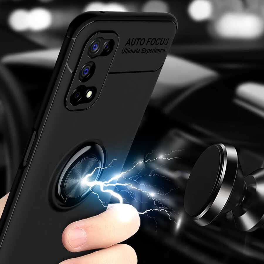 Realme 7 Pro Kılıf Kamera Çıkıntılı Renkli Yüzüklü Standlı Mıknatıslı Kapak (RAVEL) Siyah-Mavi