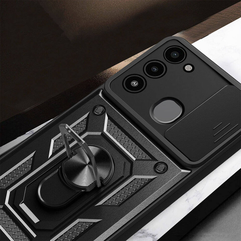 Tecno Spark 8C Kılıf Tank Zırh Yüzüklü Mıknatıslı Standlı Kapak (VEGA) Siyah