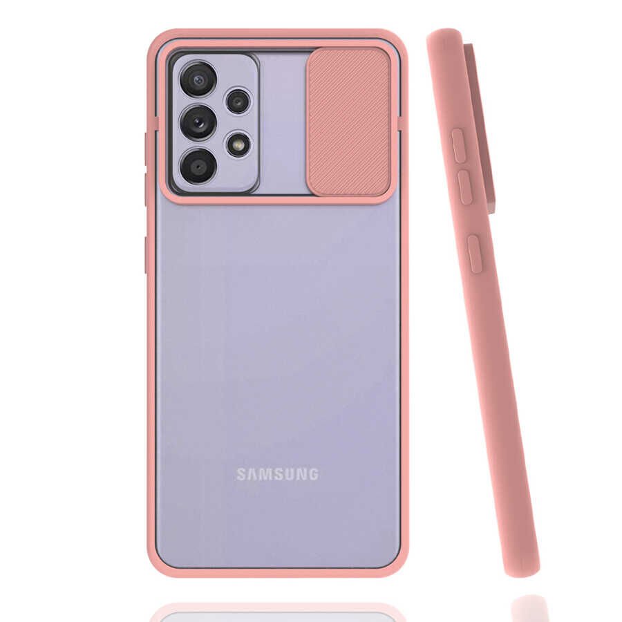 Samsung Galaxy A72 Kılıf Slayt Sürgülü Kamera Korumalı Renkli Silikon Kapak Pembe Açık
