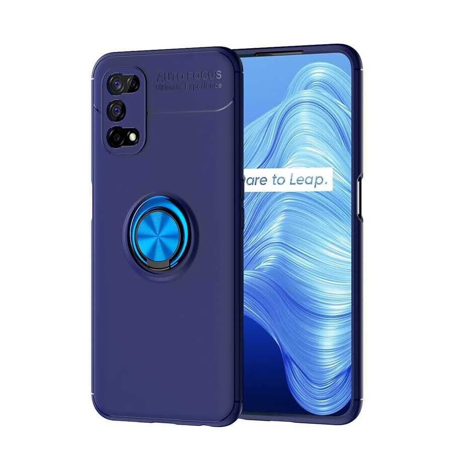 Realme 7 Pro Kılıf Kamera Çıkıntılı Renkli Yüzüklü Standlı Mıknatıslı Kapak (RAVEL) Siyah-Rose Gold