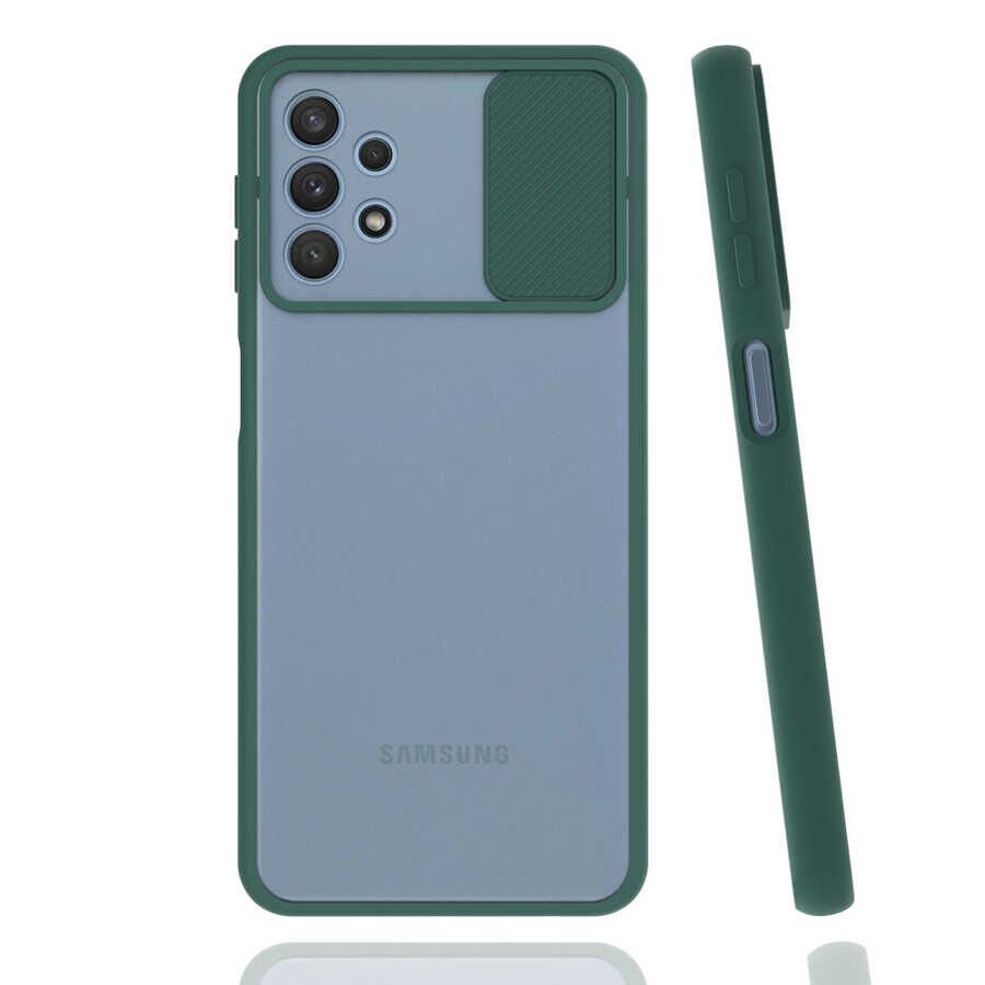 Samsung Galaxy A32 4G Kılıf Slayt Sürgülü Kamera Korumalı Renkli Silikon Kapak Koyu Yeşil
