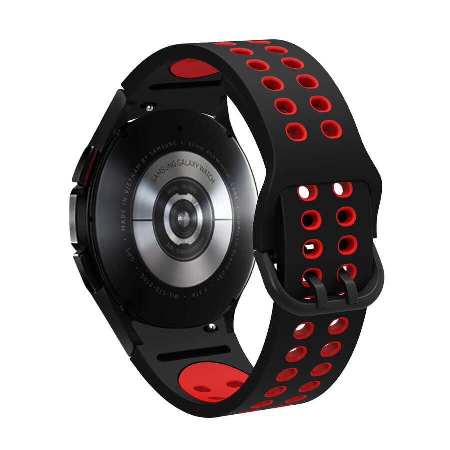 Samsung Galaxy Watch 4 / 5 / 5 Pro 40-44 Classic 42 - 45 - 46mm Silikon Kordon Tasarım (KRD-02) Siyah-Kırmızı