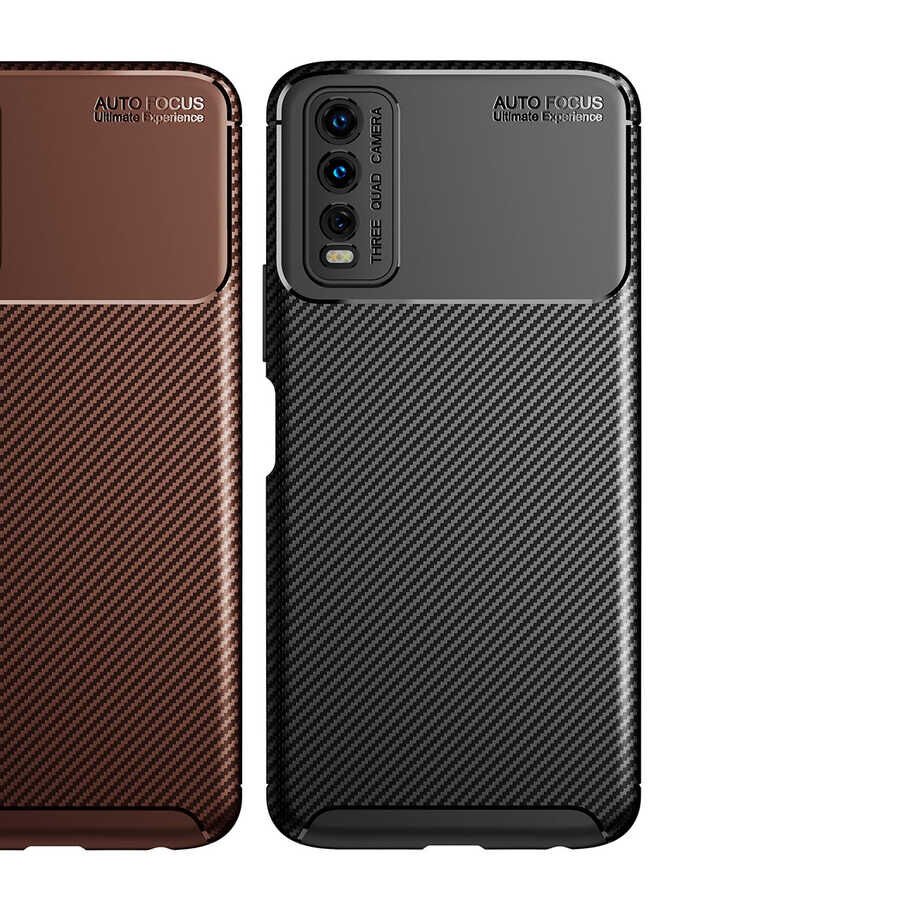 Vivo Y20 Kılıf Kamera Çıkıntılı Karbon Fiber Dokulu Renk Atmaz Kapak (NEGRO) Kahverengi