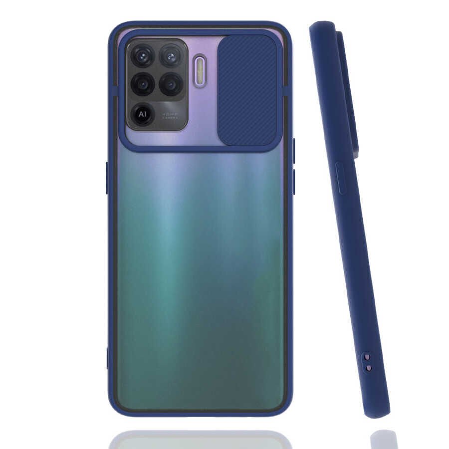 Oppo Reno 5 Lite Kılıf Slayt Sürgülü Kamera Korumalı Renkli Silikon Kapak Lacivert