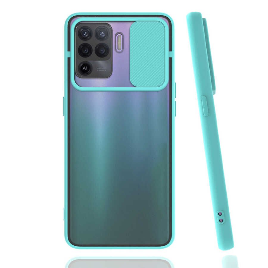 Oppo Reno 5 Lite Kılıf Slayt Sürgülü Kamera Korumalı Renkli Silikon Kapak Turkuaz